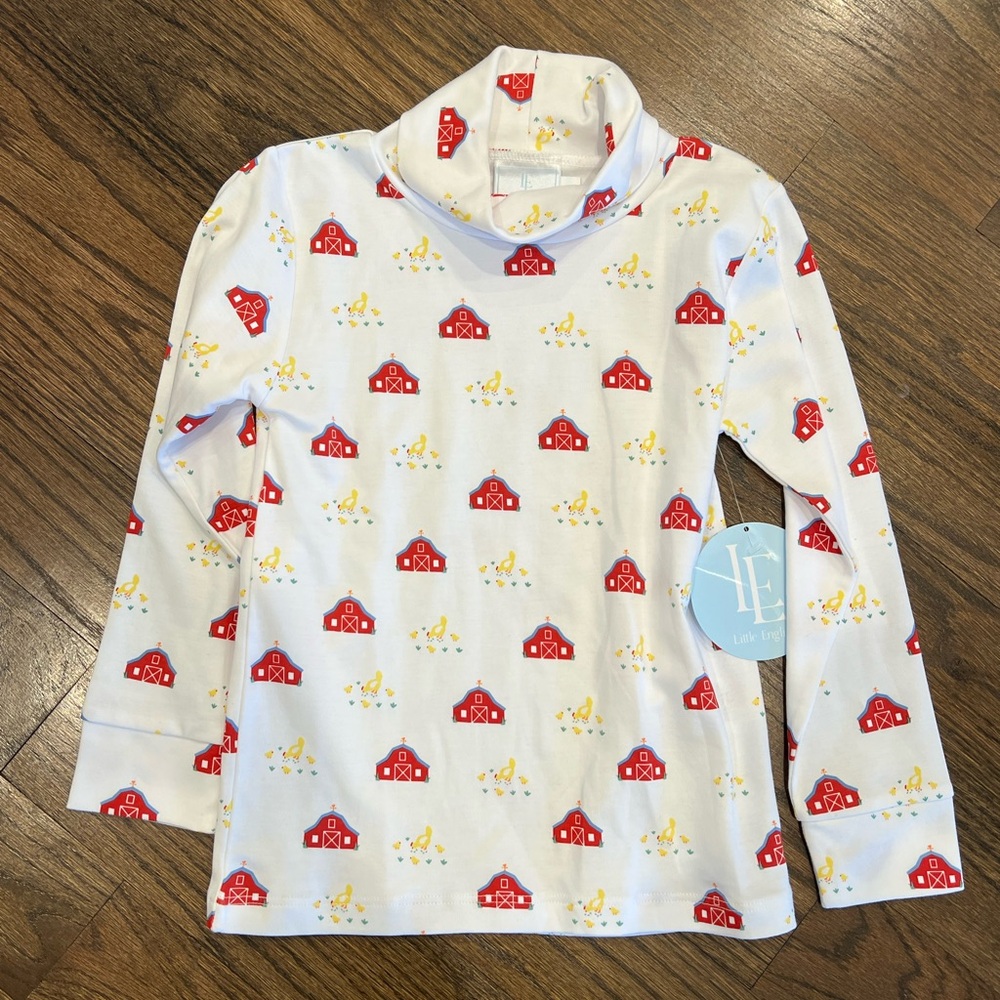 Little English Kids White Turtleneck with Red Barn Print